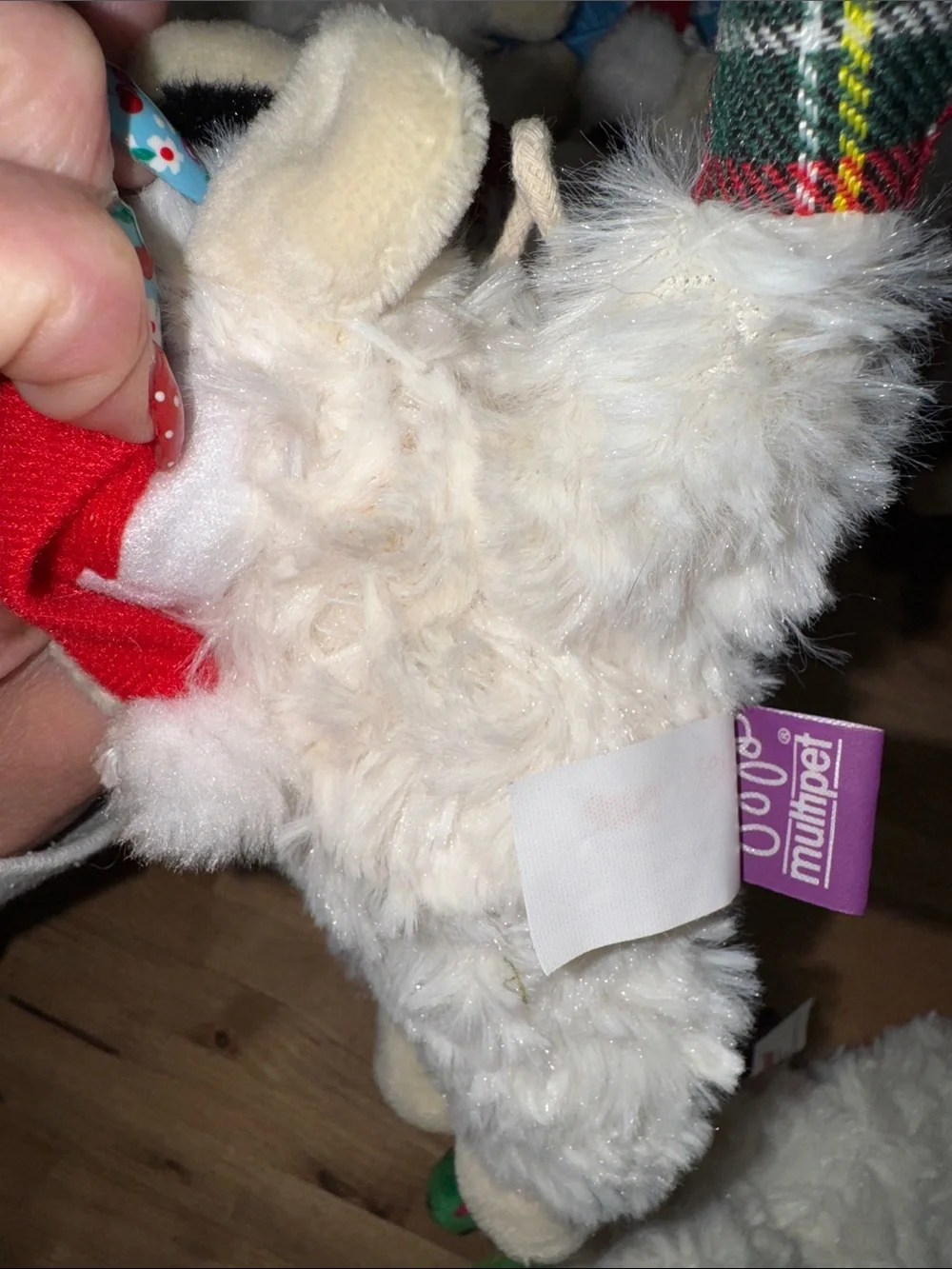 Lamb chop  Lamb Holiday Toy with Red Santa Hat - White
